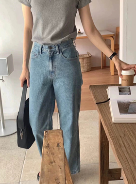 simplest form复古简约显瘦中蓝色高腰小直筒牛仔裤