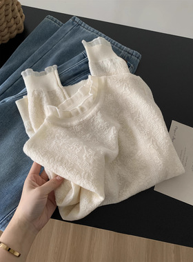 法式复古混纺气质蕾丝立领打底衫女韩版白色提花针织T恤内搭