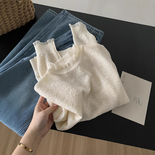 法式复古混纺气质蕾丝立领打底衫女韩版白色提花针织T恤内搭