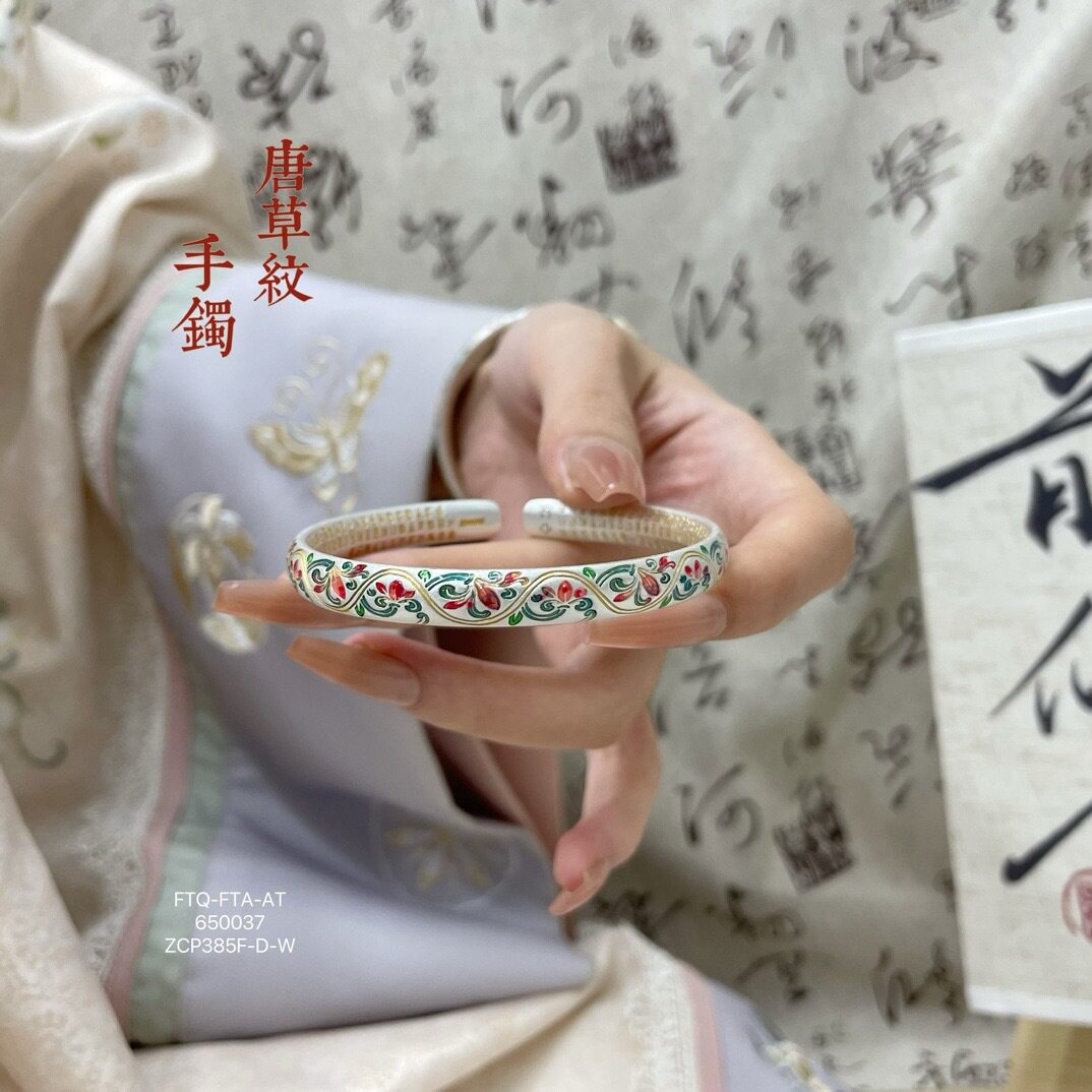 足银999手镯花纹心经底实心开口 珐琅纯银手镯手饰送妈妈礼物