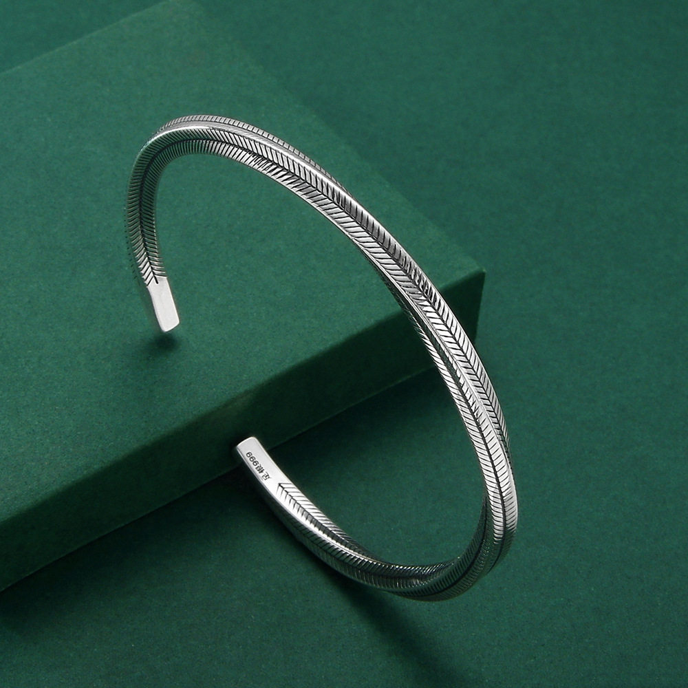 足银999莫比乌斯银手镯男女款民族风小众做旧羽纹镯子银开口手环