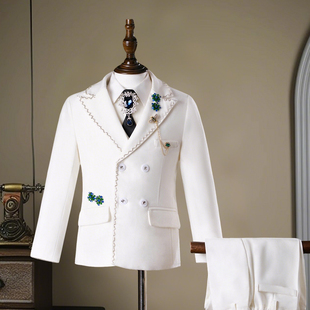 儿童西装套装白色走秀花童主持人礼服男童生日西服钢琴演出服高端