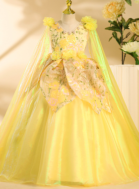 女童礼服模特走秀拖尾黄色儿童小主持人高端舞台小女孩钢琴演出服