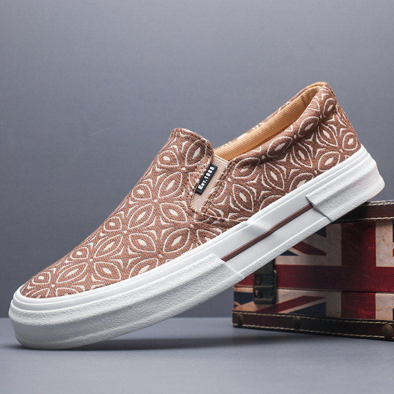 时尚印花休闲鞋男士一脚蹬懒人鞋透气软底布鞋秋季潮流百搭板鞋男