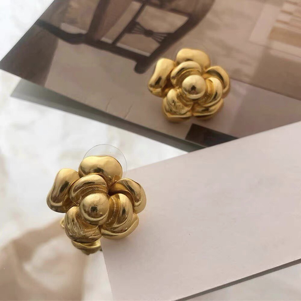 小香山茶花耳钉夸张中古vintage