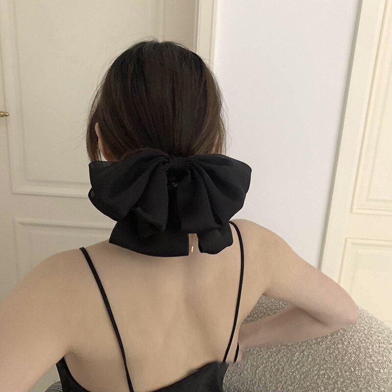 法式浪漫黑色大号蝴蝶结发夹女绸缎发卡边夹顶夹刘海夹韩国新款