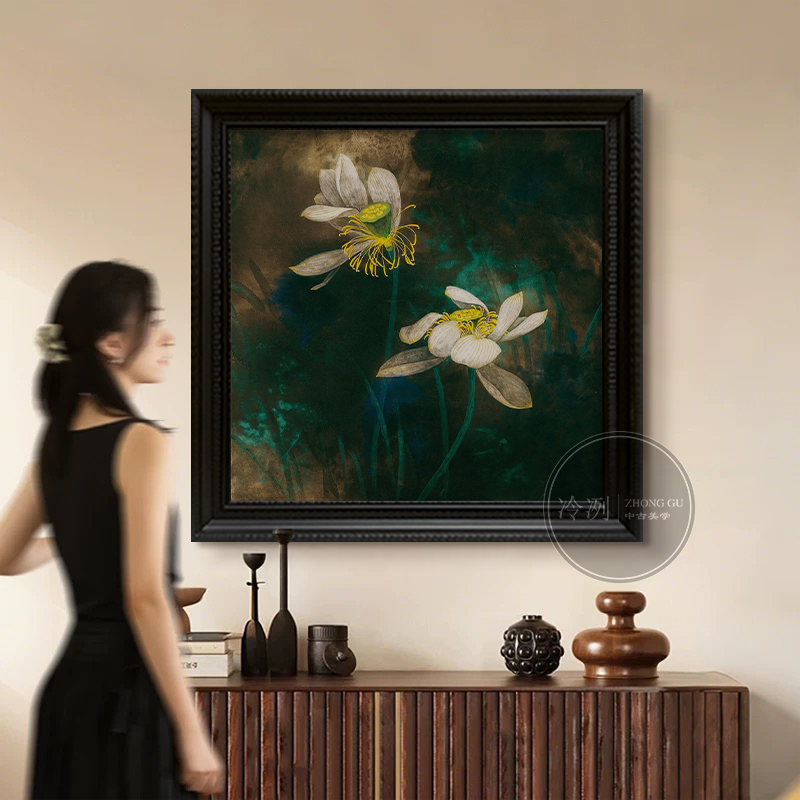 美式复古荷花莲蓬客厅装饰画轻奢高级感手绘油画玄关过道绿植挂画图片