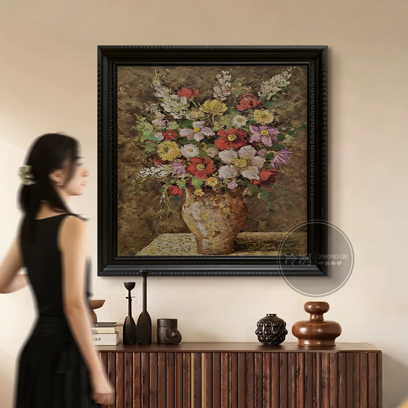古瓶繁韵》复古抽象彩色花卉静物纯手绘油画中古风挂画玄关装饰画图片
