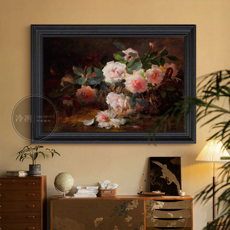 美式复古酒店玄关高级感手绘油画抽象花卉装饰画客厅餐厅横板挂画图片