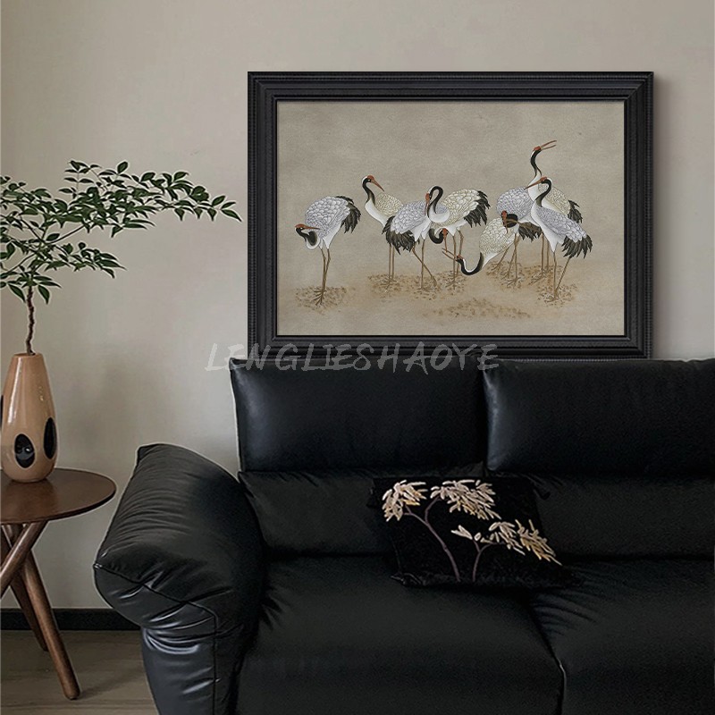 东方美学丹顶鹤纯手绘油画动物客厅书房装饰画中式复古风玄关挂画图片