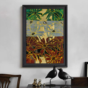 饰挂画 日式 原木风抽象植物花卉侘寂手绘油画客厅玄关复古高级感装
