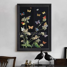 法式中古风高级感蝴蝶花卉客厅玄关黑色手绘油画现代简约装饰挂画