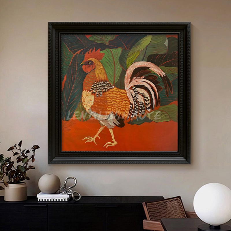 纯手绘油画客厅餐厅富贵招财大公鸡装饰挂画入户玄关动物手绘油画图片