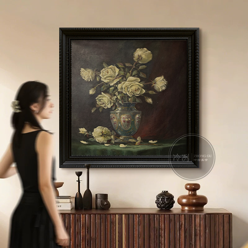 美式中古风白玫瑰青花瓷瓶手绘油画客厅挂画玄关装饰画复古高级感图片