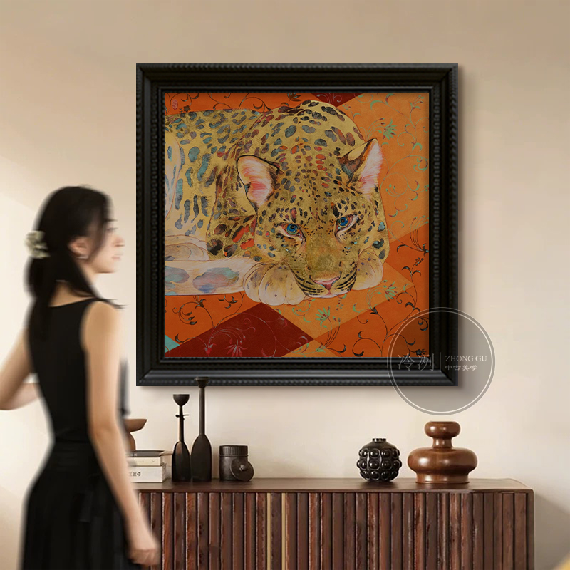 美式复古轻奢金钱豹动物装饰画客厅卧室挂画餐厅玄关过道手绘油画图片