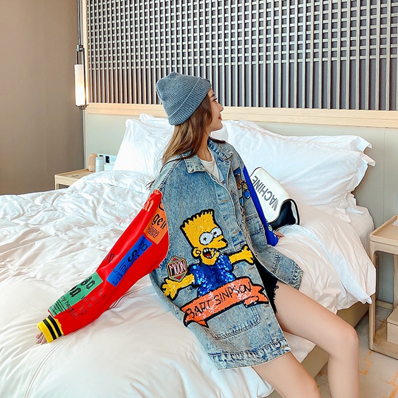 Large womens Denim Jacket Womens European station autumn new Sequin color matching loose tooling jacket fashion brand