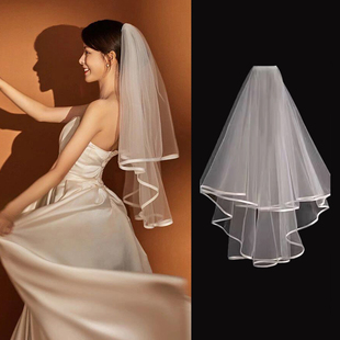 头纱新娘主婚纱缎面包边求婚领证登记头饰韩系简约蓬蓬纱结婚遮面