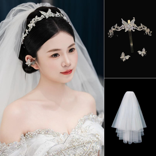 甜妹新娘皇冠高级感精致蝴蝶耳环头饰灵动结婚主婚纱礼服头纱王冠
