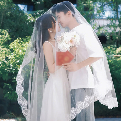领证登记氛围感花边蕾丝头纱跟拍接吻盖头纱拍照道具新娘结婚拖尾
