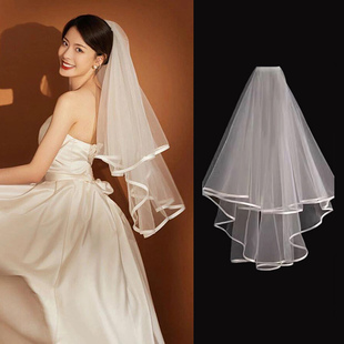 头纱新娘主婚纱缎面包边求婚领证登记头饰韩系简约蓬蓬纱结婚遮面