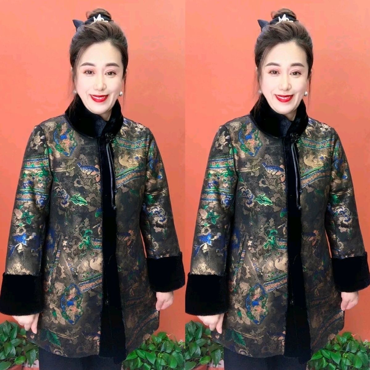 新中式大立领外套女中长款印花保暖妈妈装气质百搭