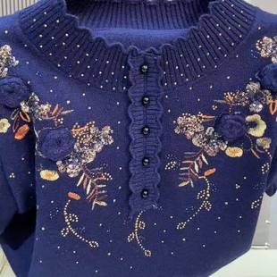 新品爆款烫钻立体刺绣花边领针织衫遮肉显瘦毛衣年轻气质妈妈装