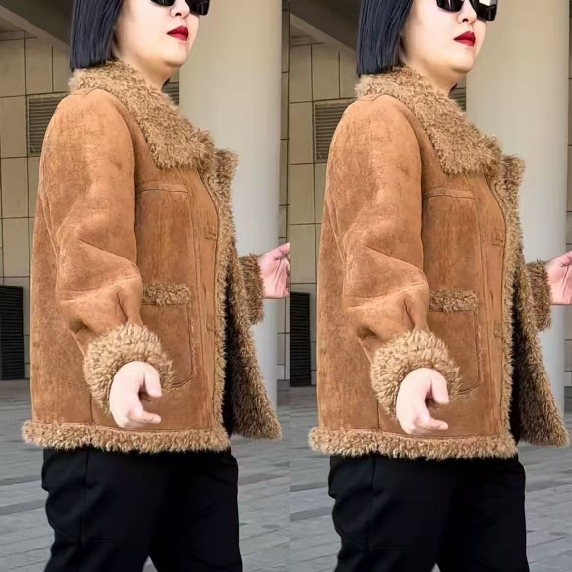 秋冬新款女士皮毛一体外套加绒保暖翻领时尚洋气大衣