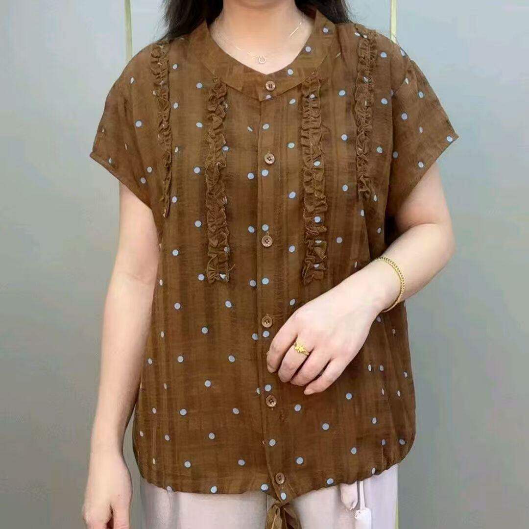 夏季短袖波点衬衫女圆领T