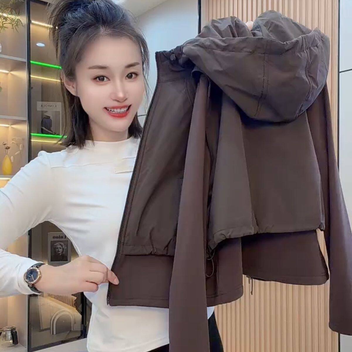 假两件双拉链连帽外套女