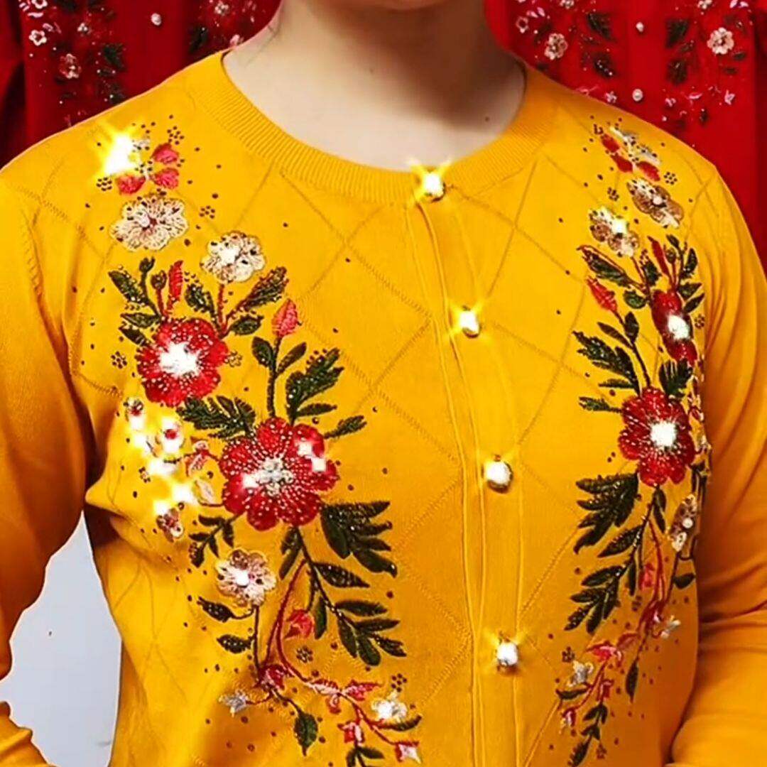 新款绣花刺绣圆领针织开衫宽松上衣中老年妈妈奶奶毛衣女装外套