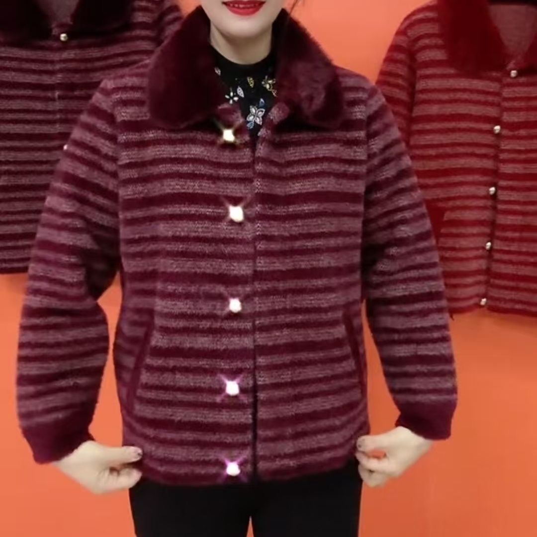 翻领条纹开衫女中老年妈