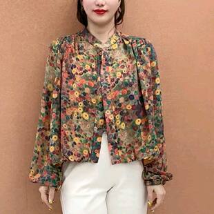 遮肉洋气衬衣百搭宽松小衫 长袖 上衣 2026新款 打底复古碎花衬衫