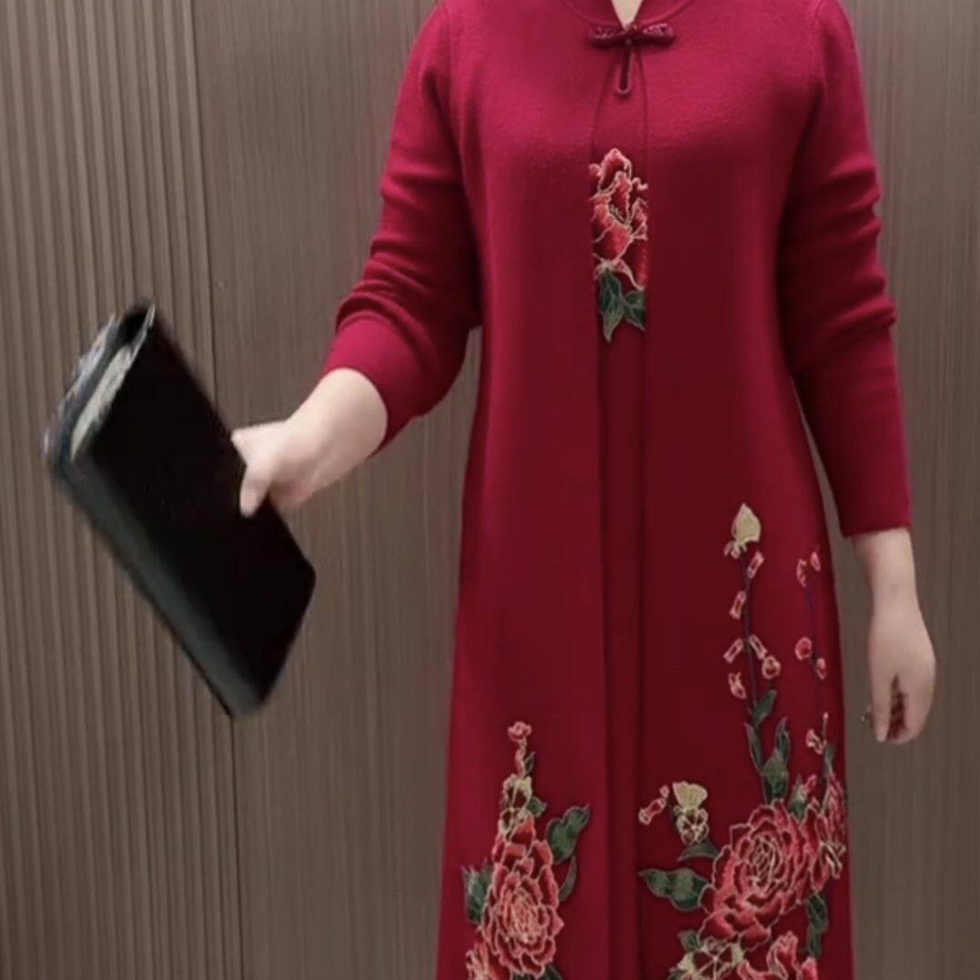 婆婆针织绣花假两件长款高档连衣裙中老年女士婚宴刺绣外套