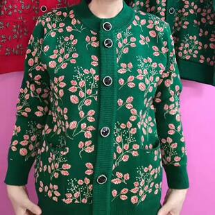 加厚开衫百搭秋季新款中老年女士弹力大码圆领带兜妈妈装毛衣外套