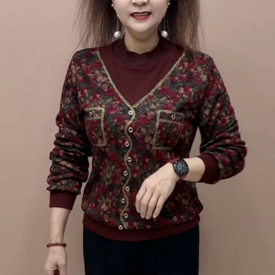 复古印花V领开衫女长袖温柔风显瘦洋气上衣百搭小衫