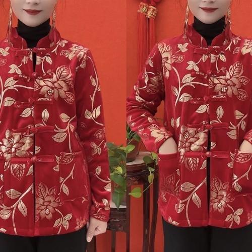 烫金花卉盘扣开衫女加绒
