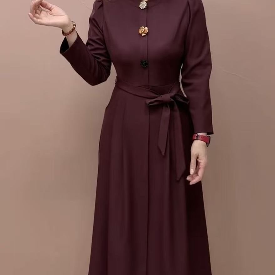 2025秋季新款女装紫色圆领系带收腰连衣裙高级感气质显瘦