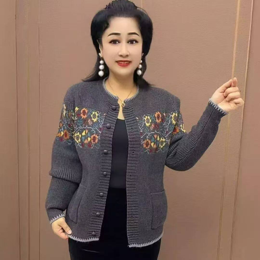洋气提花刺绣单排扣针织开衫外套女圆领新款中老年妈妈装上衣毛衣