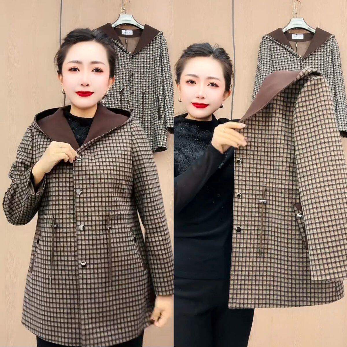 高档妈妈春秋羊毛加大外套宽松连帽上衣中老年时尚潮流气质女装