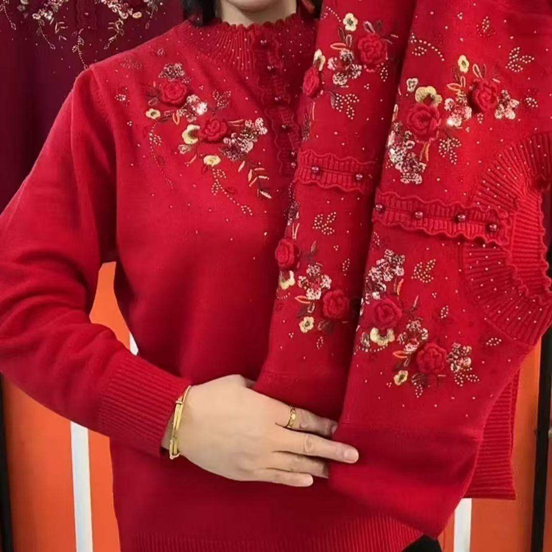 妈妈秋季提花镶钻毛衣长袖旗袍领针织衫中老年女本命年红色打底衫,女装/女士精品,常规大码外套,淘宝优惠券,粉丝福利购,淘宝优惠卷