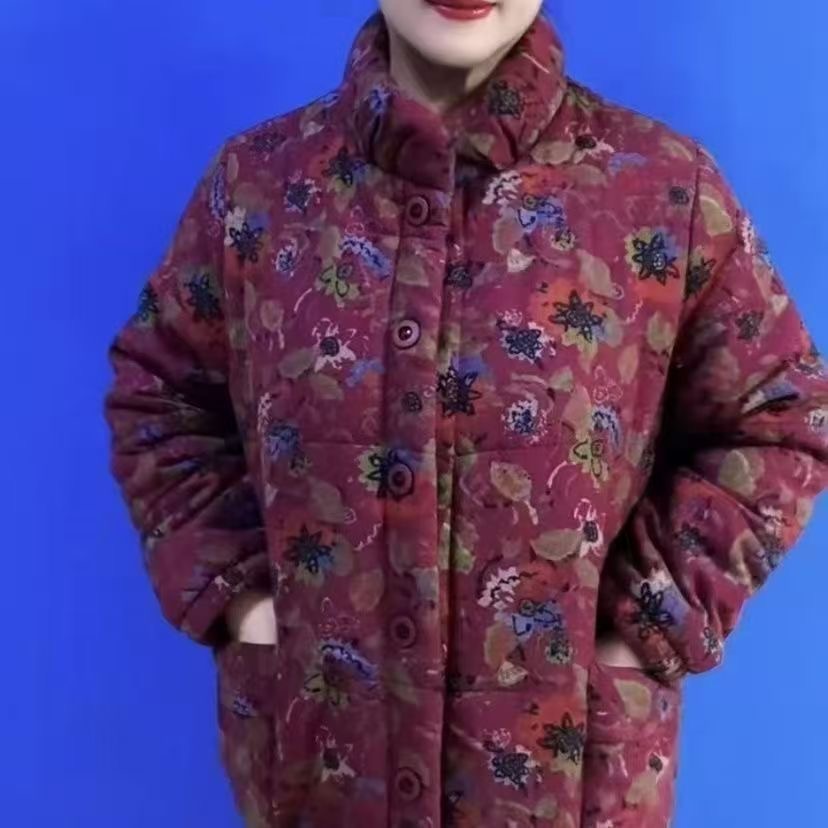 妈妈装中老年女装印花棉衣加厚保暖大码外套冬季棉袄