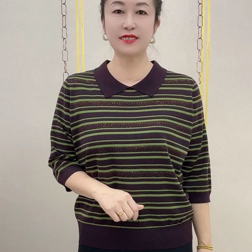 套头宽松条纹翻领女七分