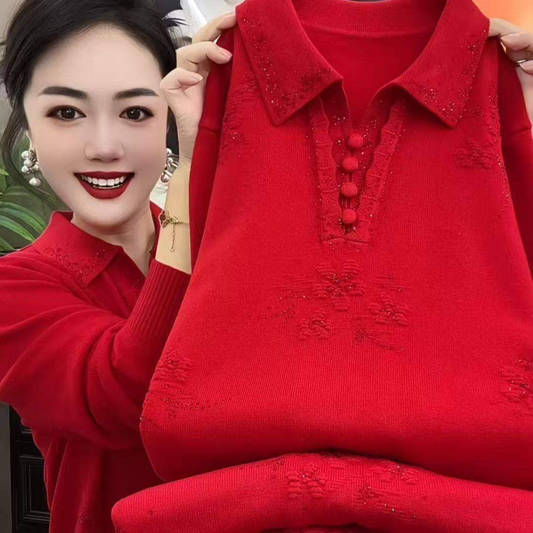 中老年妈妈冬装时尚洋气翻领毛衣针织衫女妈妈春秋新款红色针织衫,女装/女士精品,常规大码外套,淘宝优惠券,粉丝福利购,淘宝优惠卷
