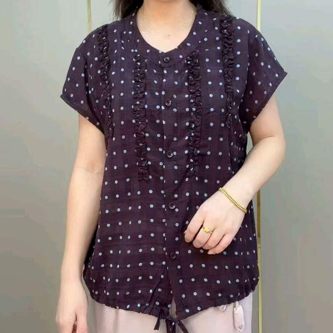 夏季短袖波点衬衫女圆领T