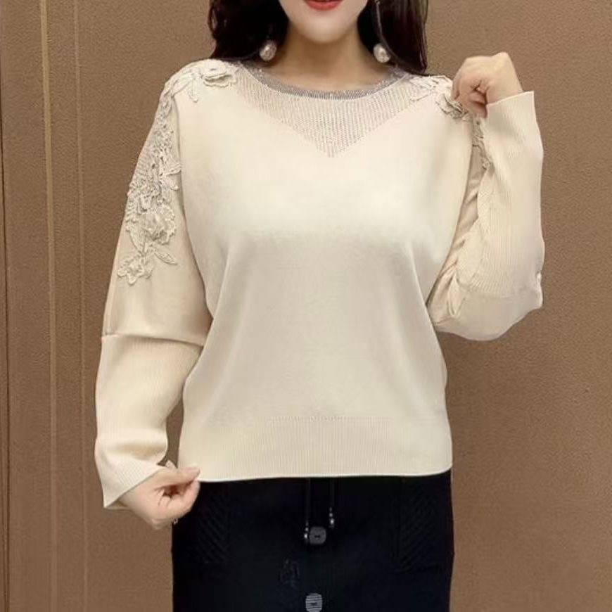 2025新款圆领立体花朵针织衫女长袖显瘦百搭毛衣