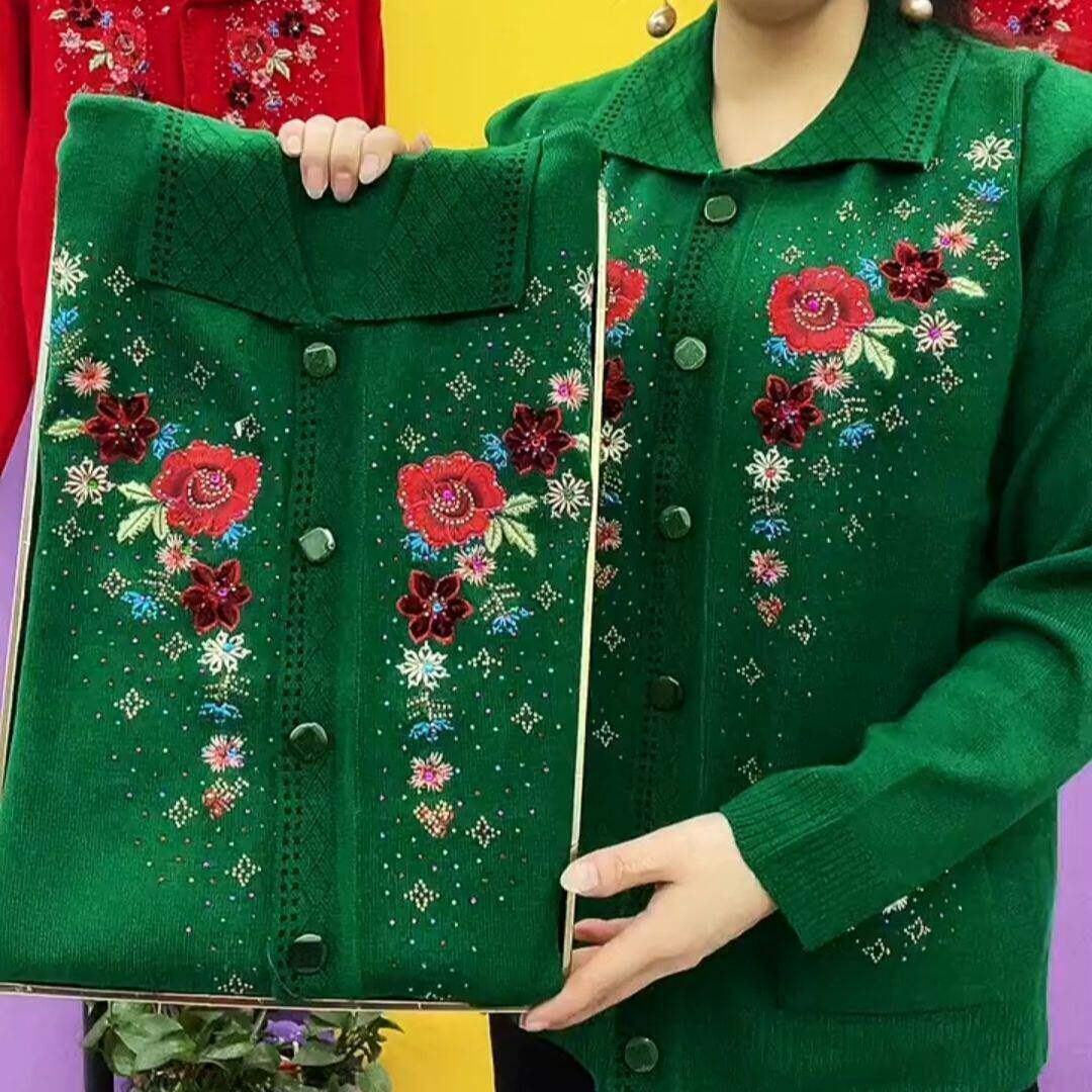 女外套针织宽松百搭潮流秋冬春新款绣花方领妈妈装短款开衫上衣