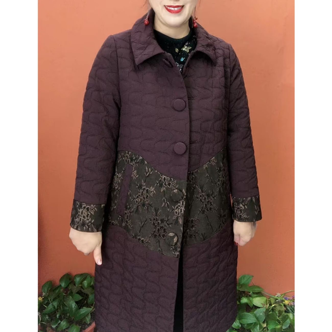 新款加棉方领拼接花长款