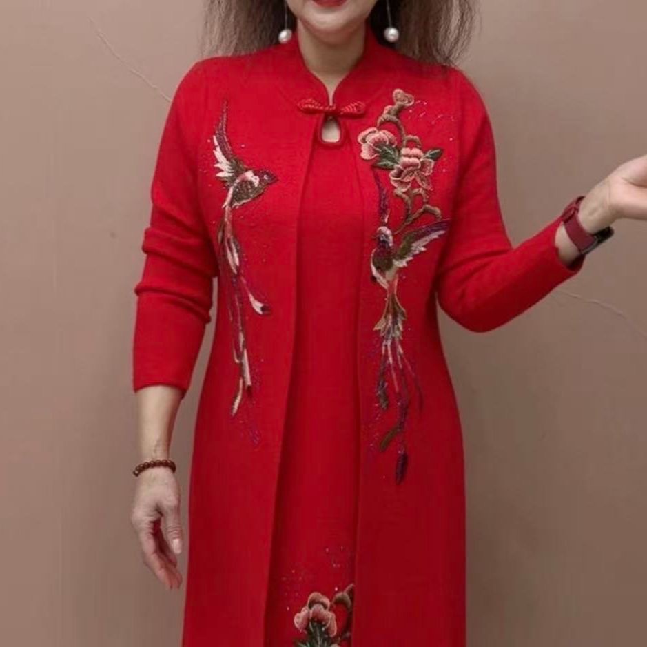 妈妈装中国刺绣风红色女