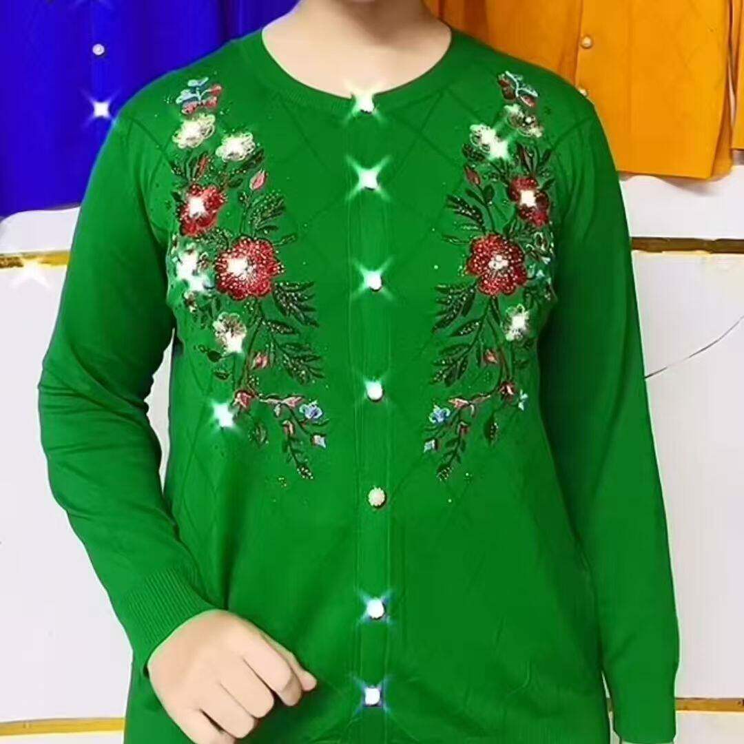 26新款刺绣圆领针织开衫宽松上衣中老年妈妈奶奶毛衣弹力外套女装