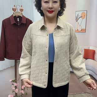 HYD中老年妈妈外套春款 显瘦宽松翻领上衣开衫 衣长60 新款